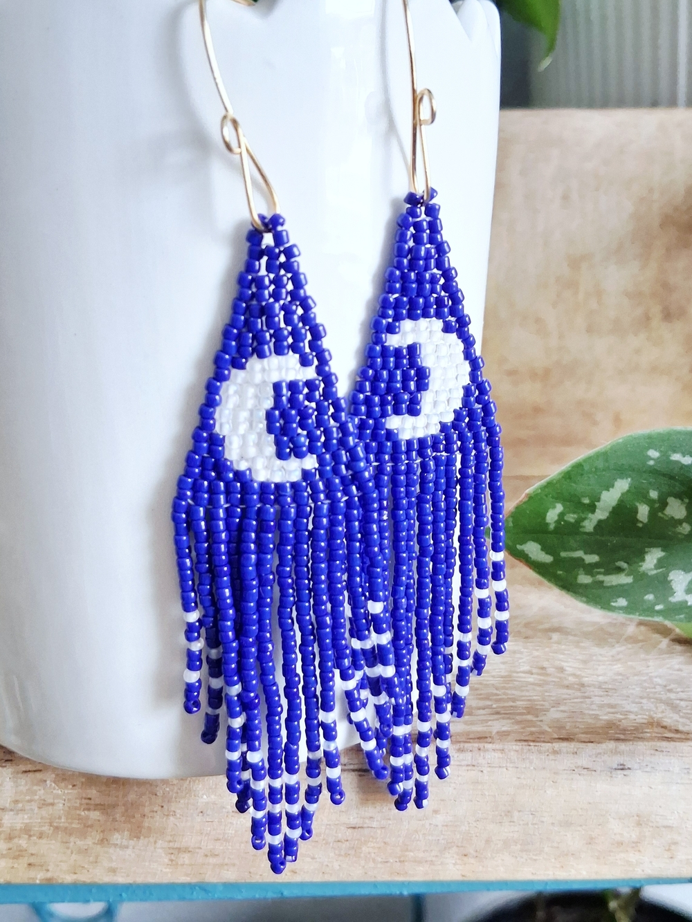 BOGO EARRINGS - Blue and White Moon Seed Bead Fringe Earrings with Gold Hooks